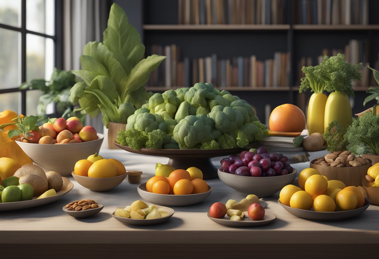A table set with colorful fruits, vegetables, nuts, and fish, surrounded by books on nutrition and brain health