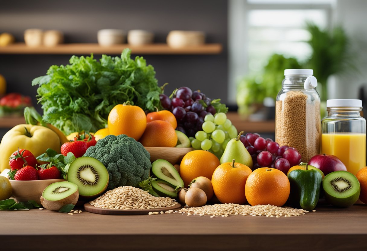 A colorful array of fresh fruits and vegetables arranged on a table, with a variety of whole grains and lean proteins nearby. A measuring tape and a water bottle are also present, representing a balanced and healthy lifestyle