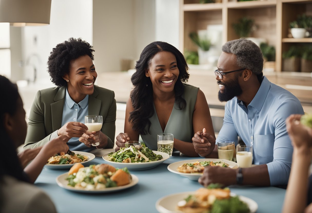 A group of diverse individuals gather around a table, sharing healthy recipes and discussing their progress on the Mayo Clinic diet. Laughter and camaraderie fill the air as they support each other on their wellness journey