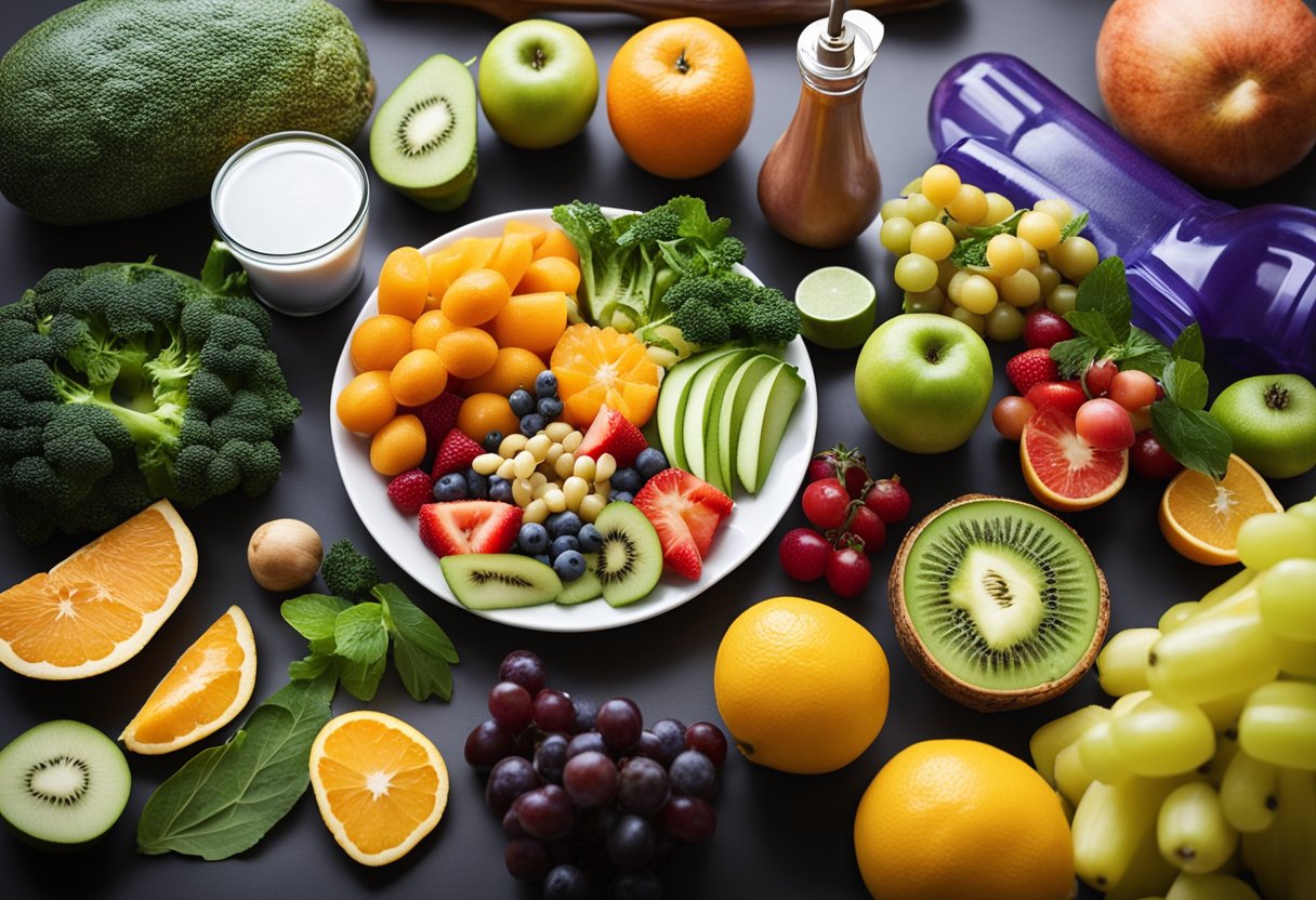 A colorful plate of fruits, vegetables, and lean proteins on a dining table, surrounded by a water bottle and exercise equipment