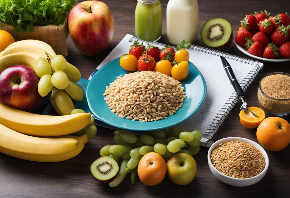 A table with a colorful plate of fruits, vegetables, and whole grains, surrounded by a measuring tape, a water bottle, and a notepad with "FAQ Mayo Clinic diet" written on it