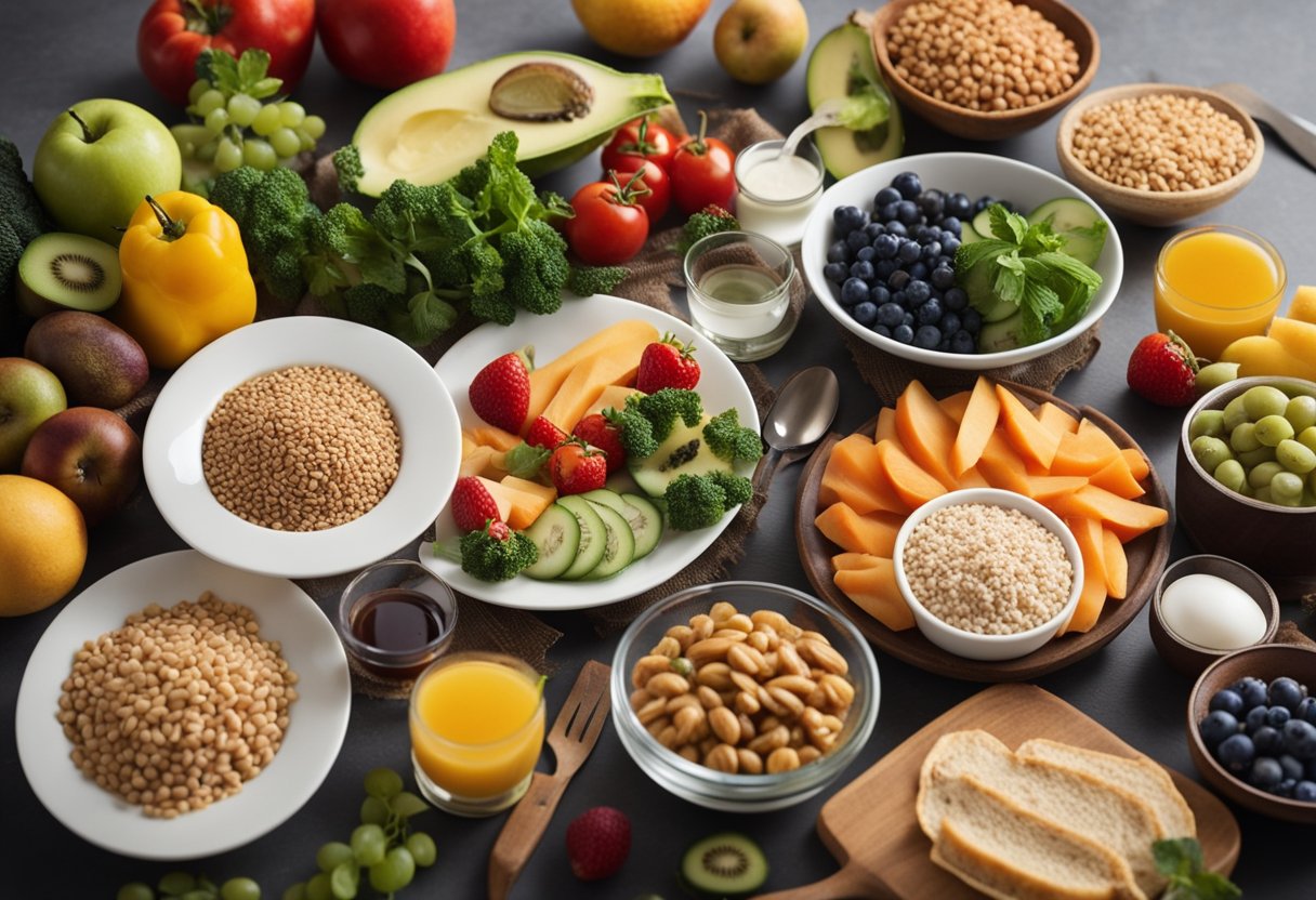 A table set with a variety of healthy food options, including fruits, vegetables, lean proteins, and whole grains, with a focus on portion control and balanced nutrition