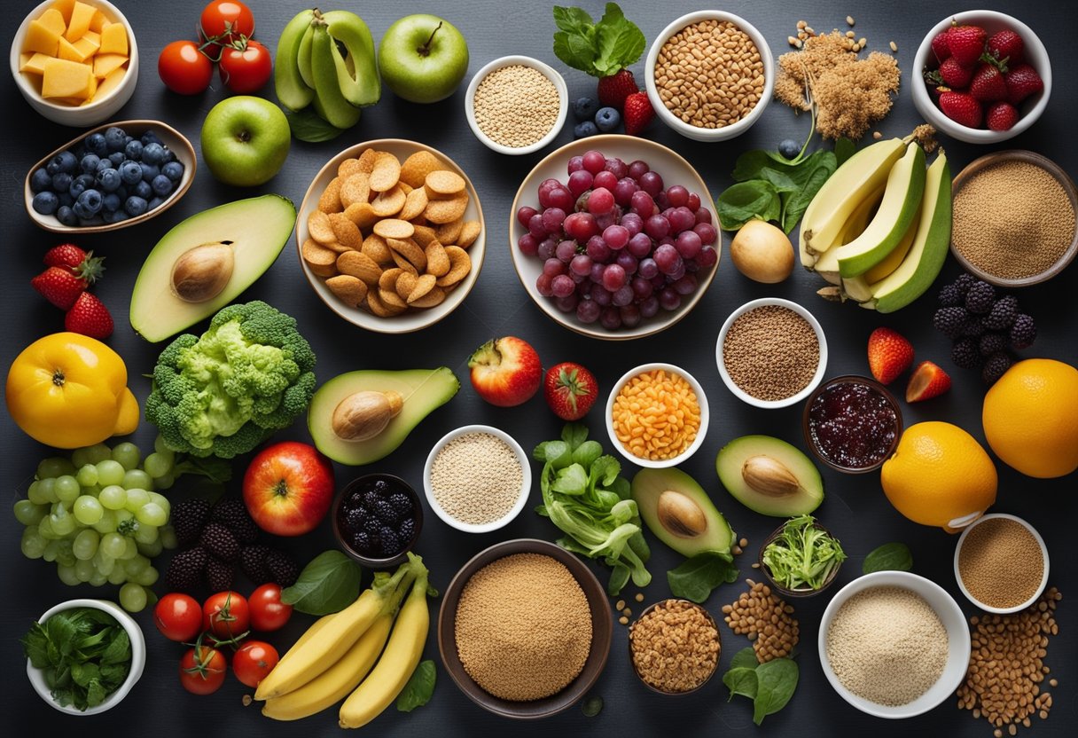 A table with a variety of healthy food options, including fruits, vegetables, lean proteins, and whole grains, laid out in an organized and visually appealing manner