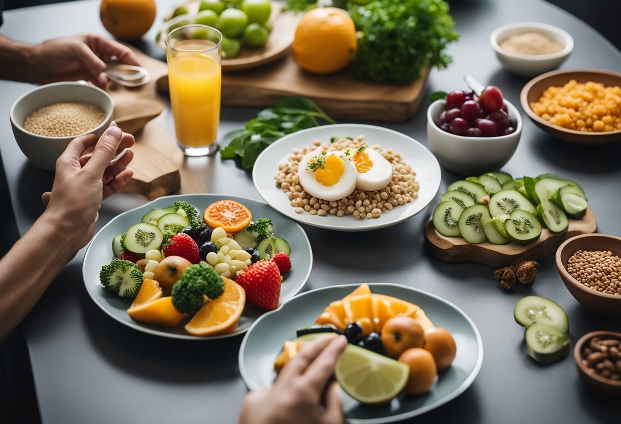 A table with a variety of fruits, vegetables, grains, and plant-based proteins. A person holding a plate with a balanced meal