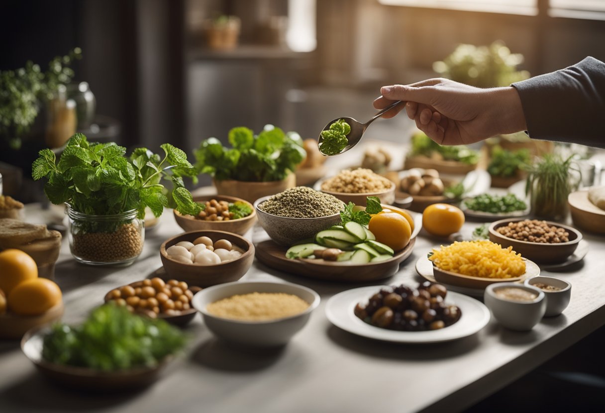 A table with a variety of plant-based and animal-derived foods, with a scale tipping towards the plant-based side. A person holding a fork, contemplating their choices