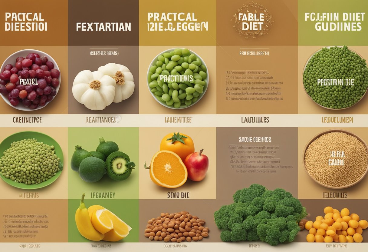 A table with a variety of fruits, vegetables, grains, and legumes. A person choosing from the selection. Text: "Practical Tips and Guidelines Flexitarian diet."