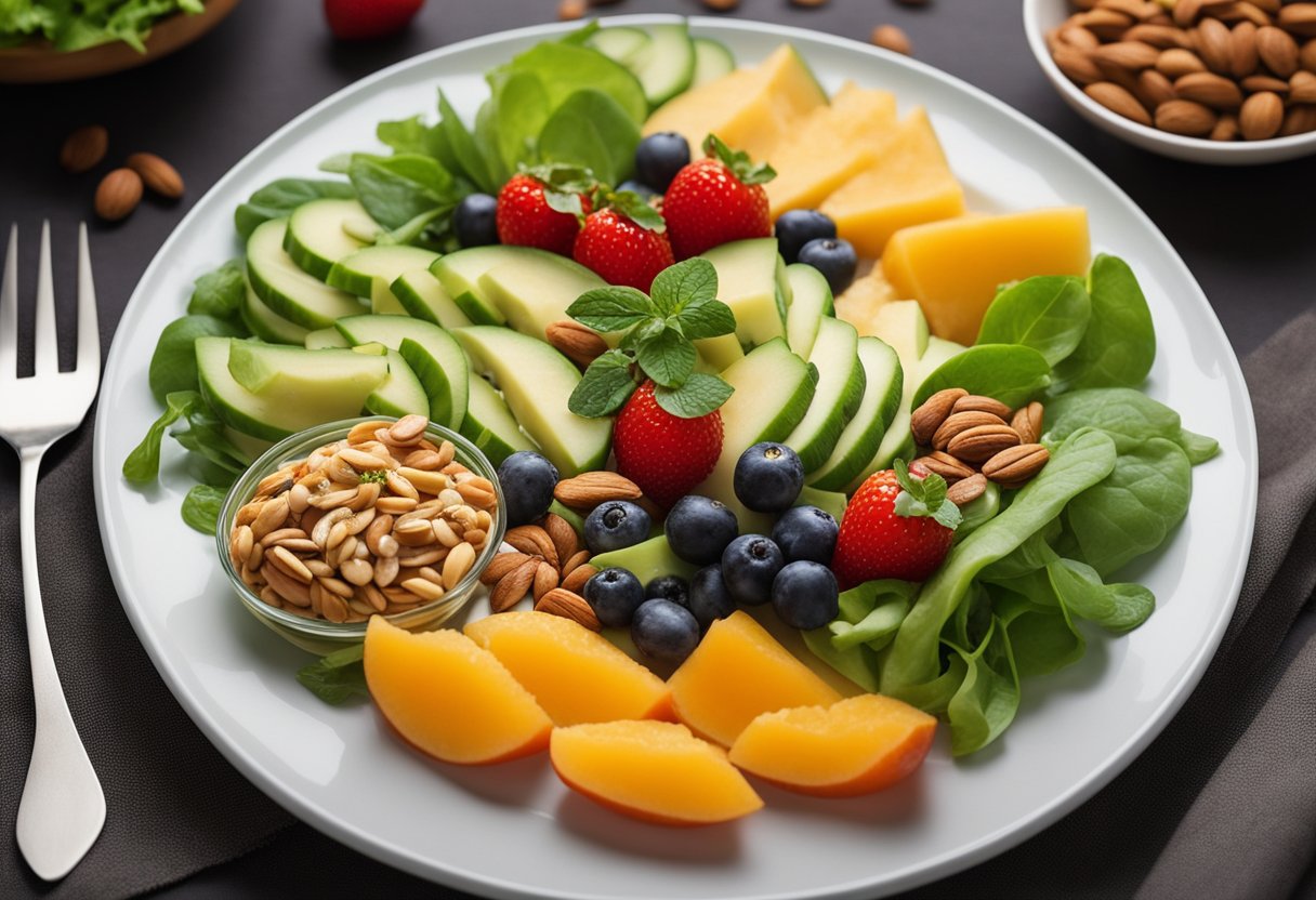 A colorful array of fruits, vegetables, whole grains, and lean proteins on a plate, with a vibrant green salad and a variety of nuts and seeds
