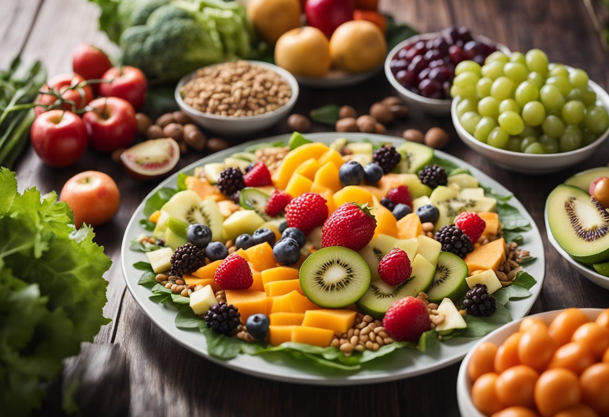 A colorful array of fruits, vegetables, grains, and legumes spread out on a table, with a variety of plant-based proteins like tofu and tempeh