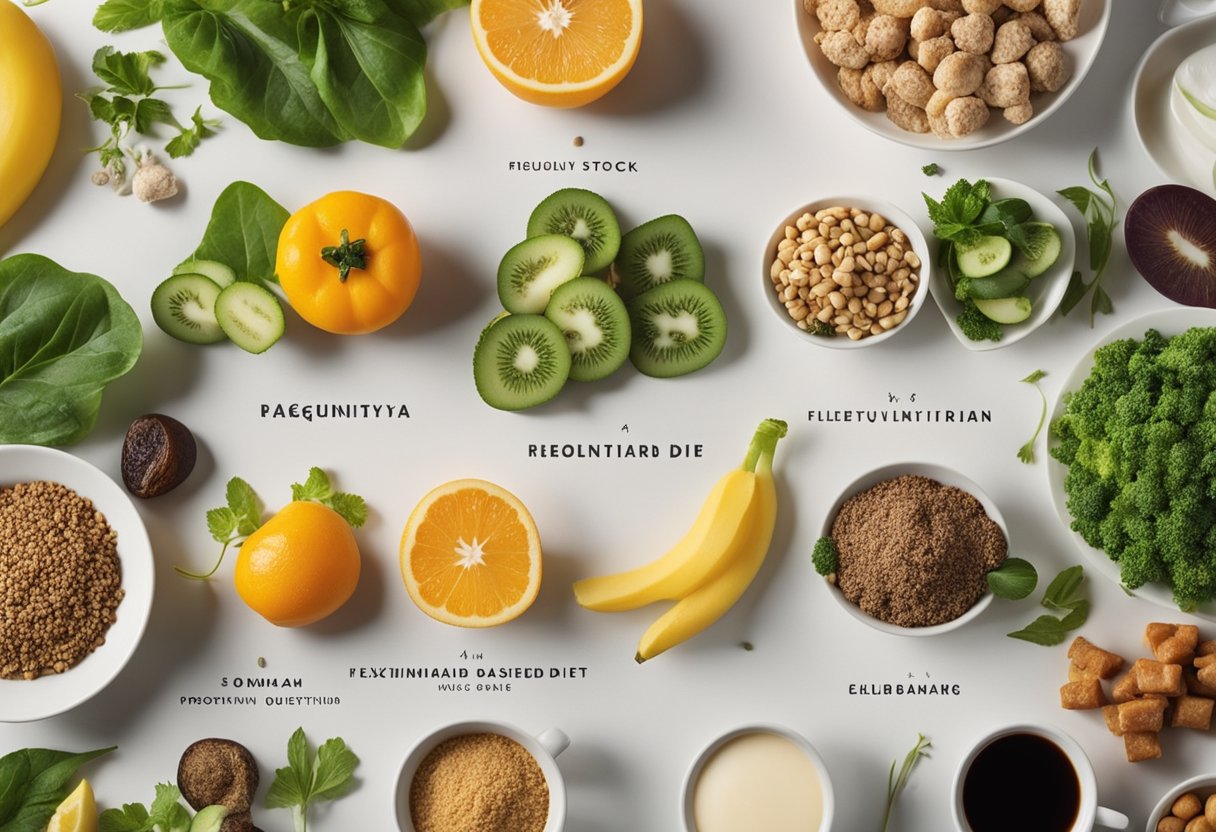 A table with a variety of plant-based and animal-derived foods, surrounded by question marks and a title "Frequently Asked Questions Flexitarian diet"