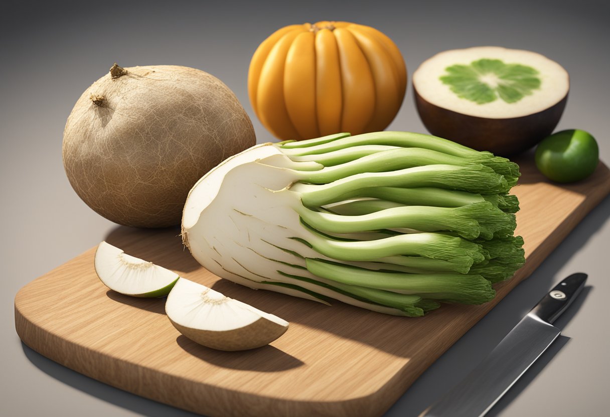 A jicama root sits on a cutting board with a knife beside it. The root is surrounded by various fruits and vegetables, highlighting its nutritional benefits