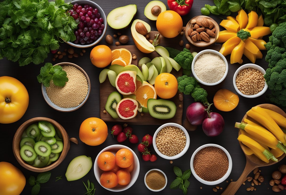 A table set with a colorful array of fruits, vegetables, grains, and plant-based proteins. A cookbook open to flexitarian recipes, surrounded by fresh herbs and spices