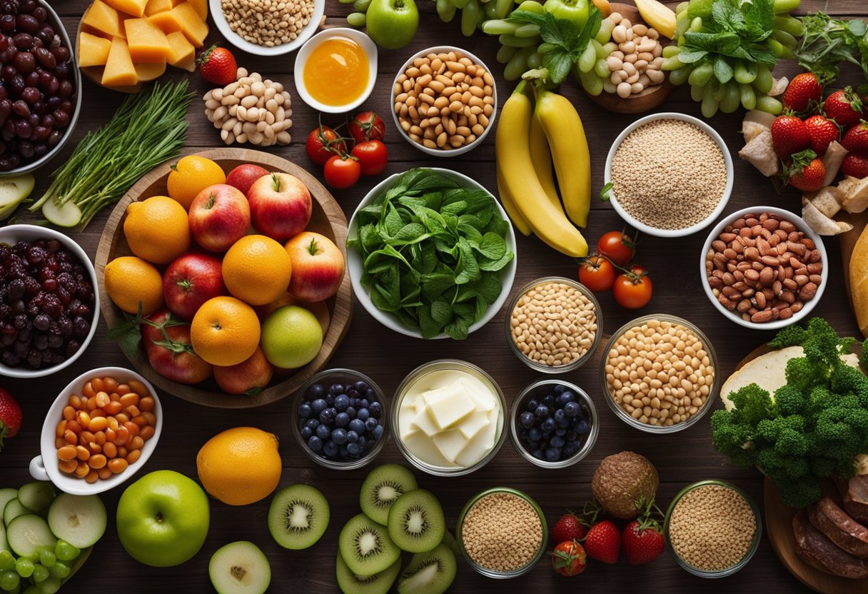 A table with a variety of plant-based foods and occasional servings of meat. Fruits, vegetables, grains, legumes, and dairy products are displayed