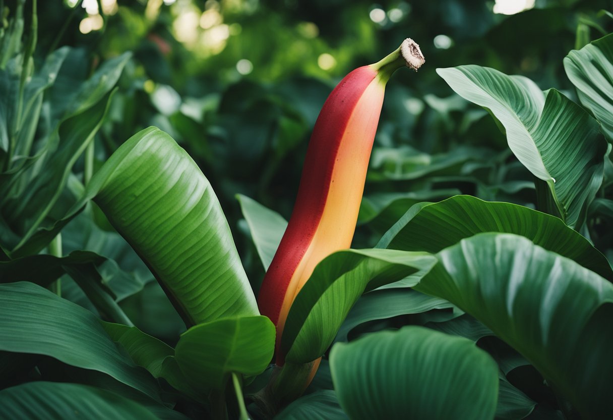 A red banana surrounded by medicinal herbs and plants