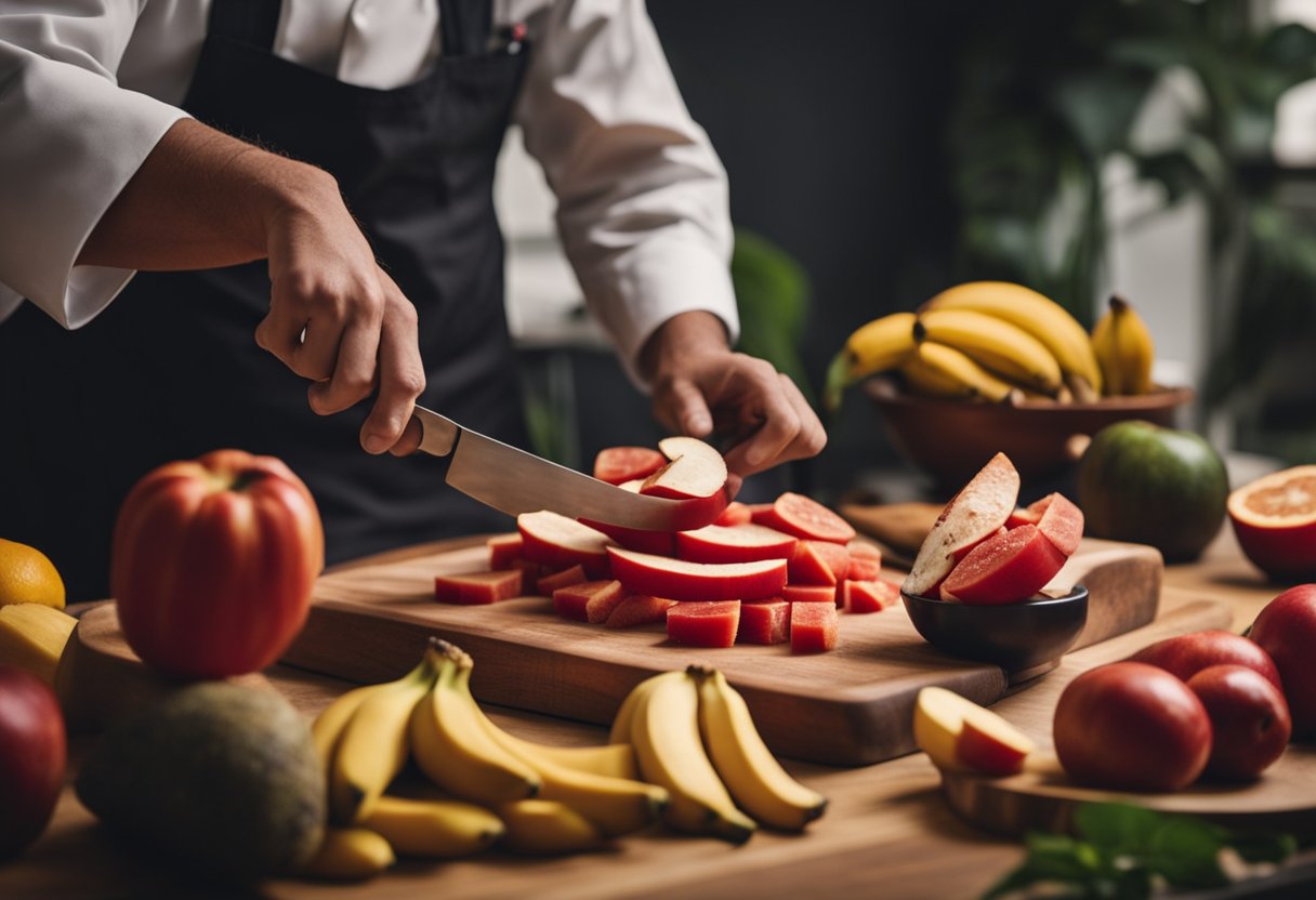 A chef slicing a red banana for culinary use, with a pile of sliced fruit and a mortar and pestle for medicinal purposes