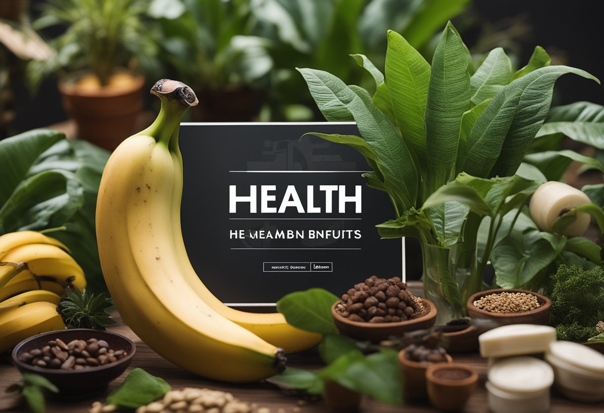 A red banana surrounded by various medicinal plants, with a label listing its health benefits