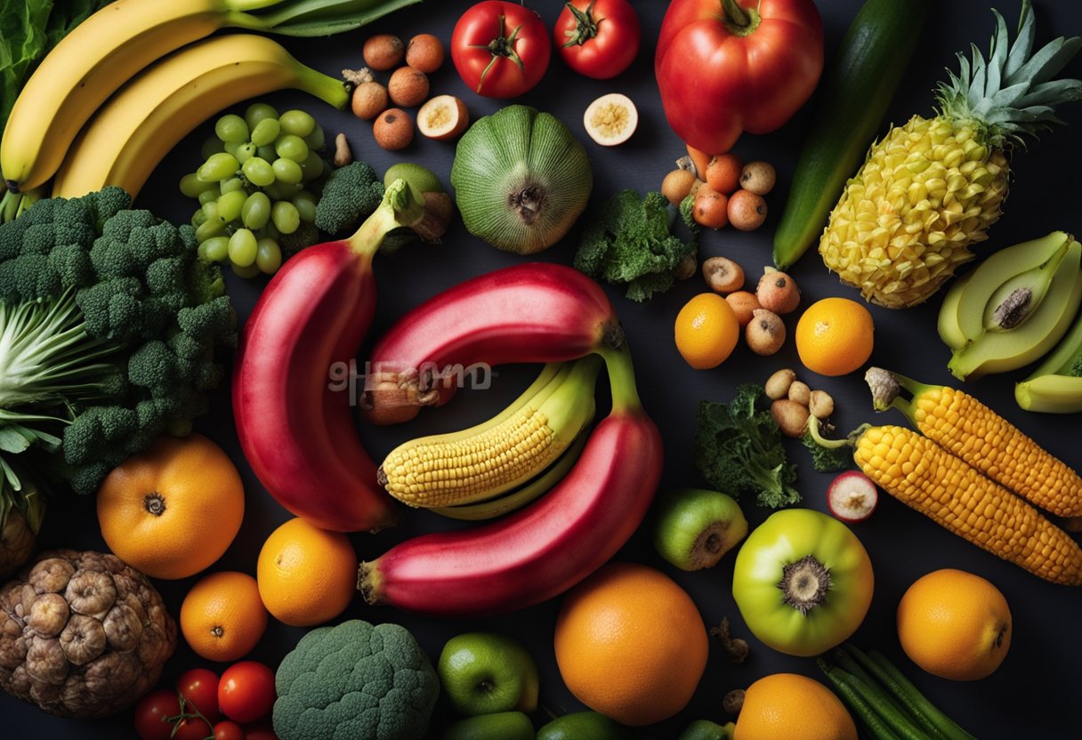 A red banana surrounded by various fruits and vegetables, with a label showing its nutritional profile and medicinal uses