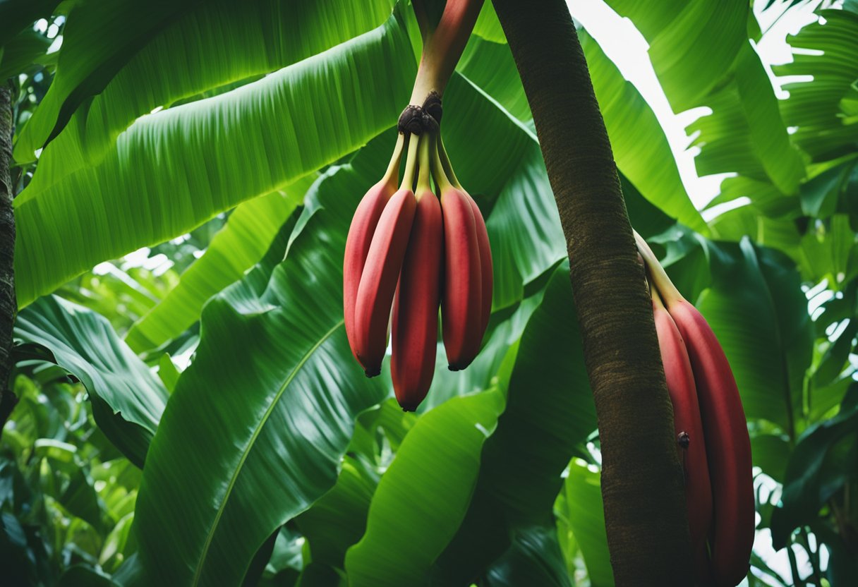 A red banana tree surrounded by lush green foliage, with ripe red bananas hanging from the branches. A person is collecting the bananas and preparing them for medicinal use