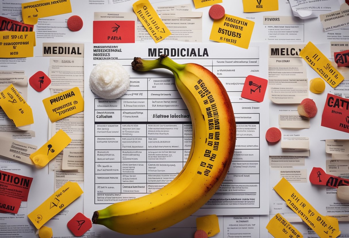 A red banana surrounded by caution signs and a list of potential medicinal uses