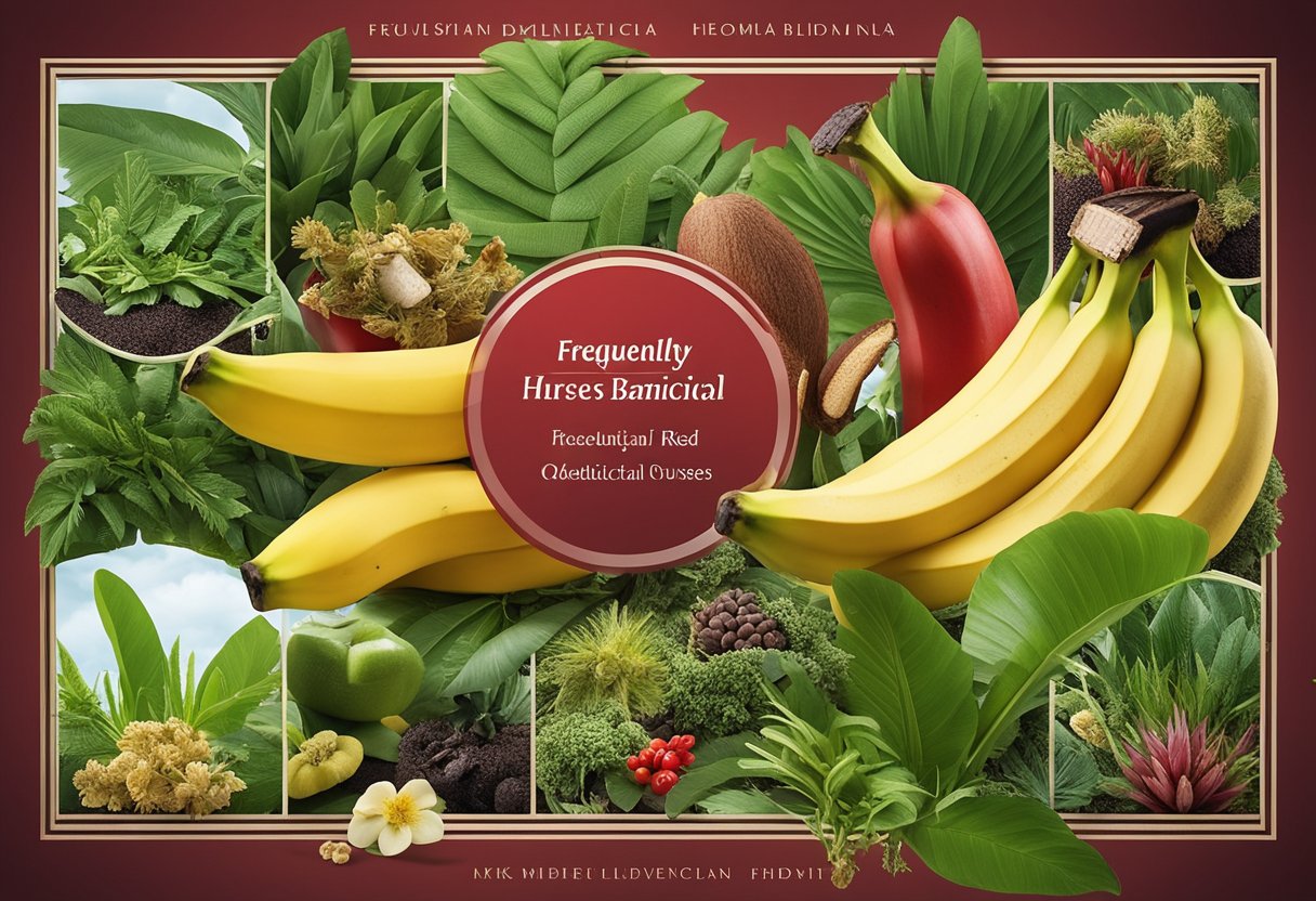A red banana surrounded by various medicinal plants and herbs, with a label reading "Frequently Asked Questions: Red Banana Medicinal Uses."