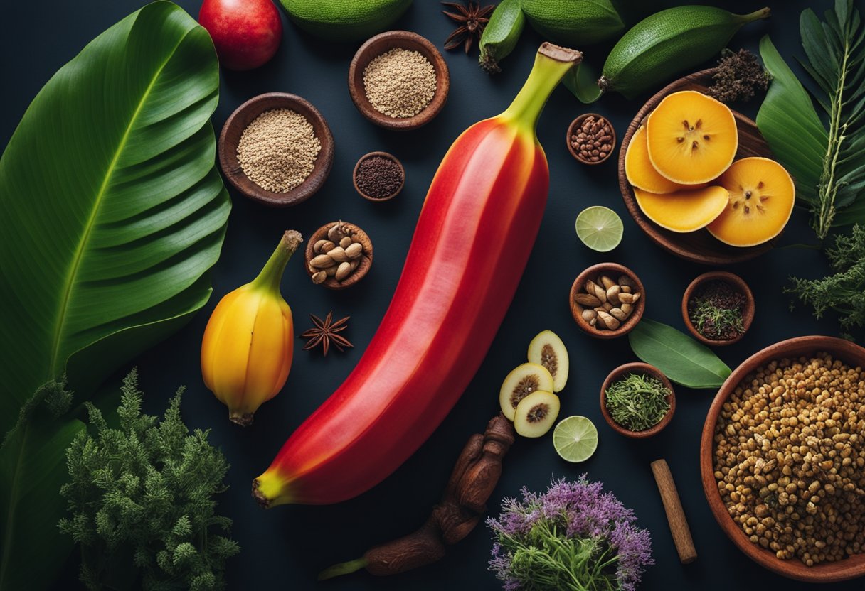 A red banana surrounded by traditional medicinal herbs, symbolizing its cultural significance in natural healing practices