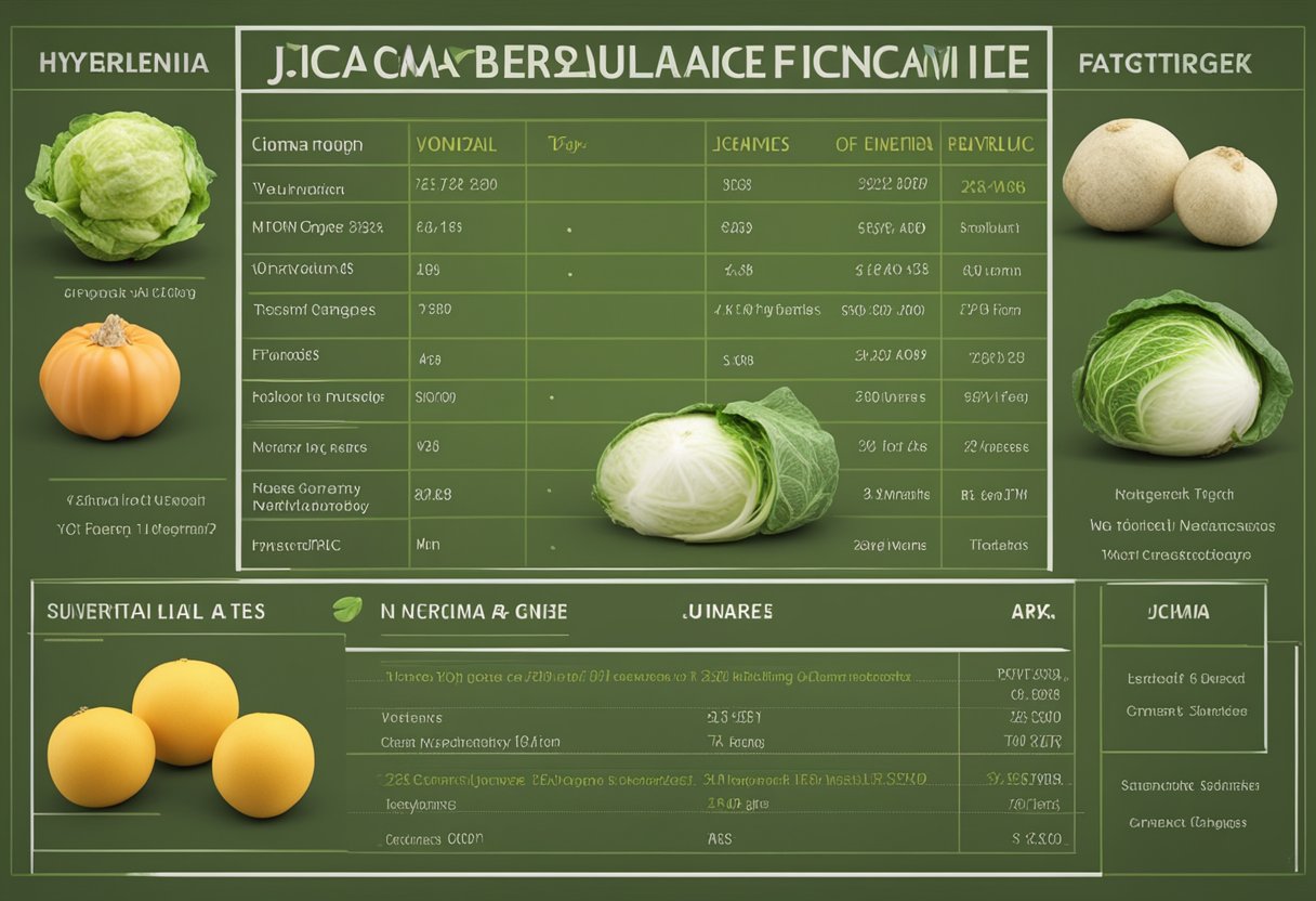 A table with jicama, surrounded by various vegetables. A chart showing the nutritional benefits of jicama compared to other vegetables