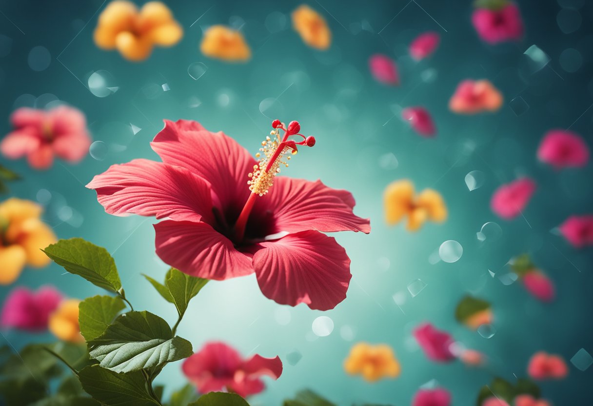 A hibiscus flower surrounded by question marks, with a list of health-related queries floating around it