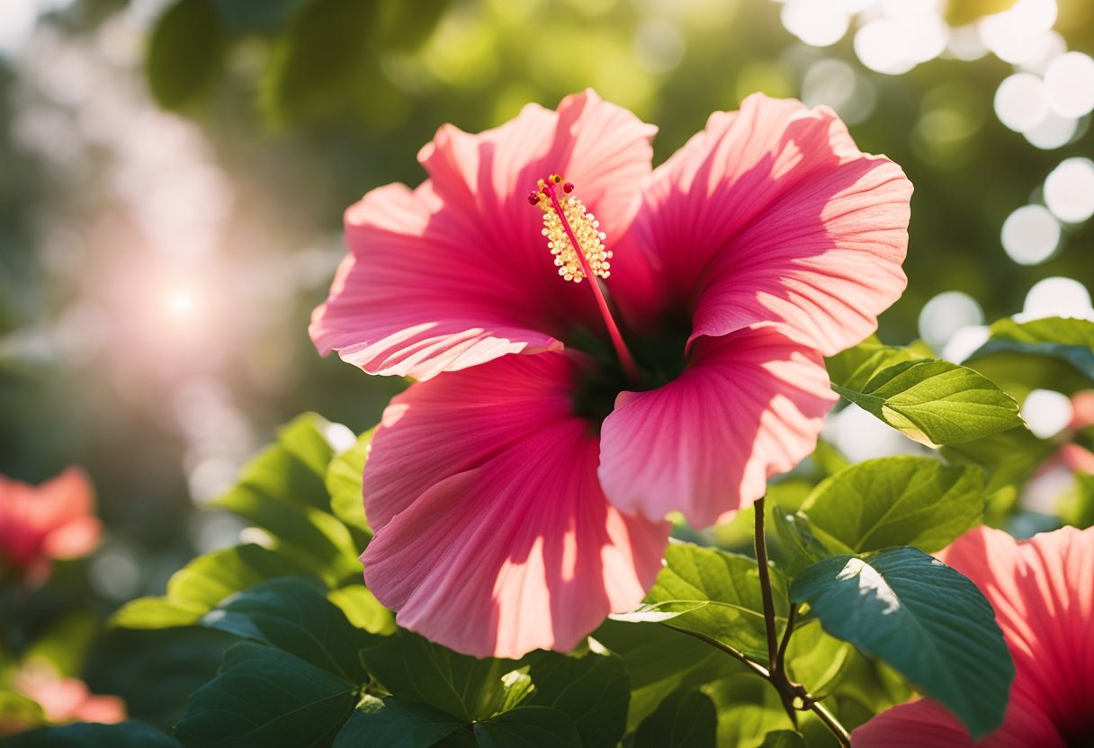 A vibrant hibiscus flower surrounded by green leaves, with rays of sunlight highlighting its petals, evoking a sense of freshness and vitality