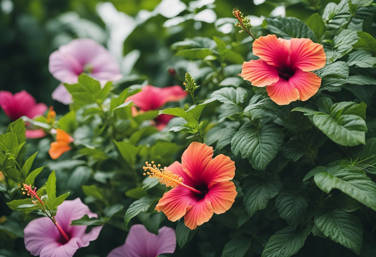 A vibrant hibiscus flower is surrounded by various herbs and plants, symbolizing its therapeutic uses and health benefits