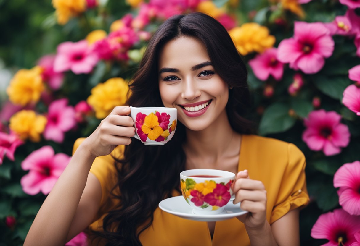 A person drinking hibiscus tea with a smile, surrounded by vibrant flowers and feeling rejuvenated