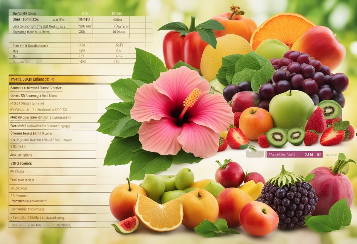 A vibrant hibiscus flower surrounded by a variety of fruits and vegetables, with a nutritional composition chart and a list of health benefits displayed nearby