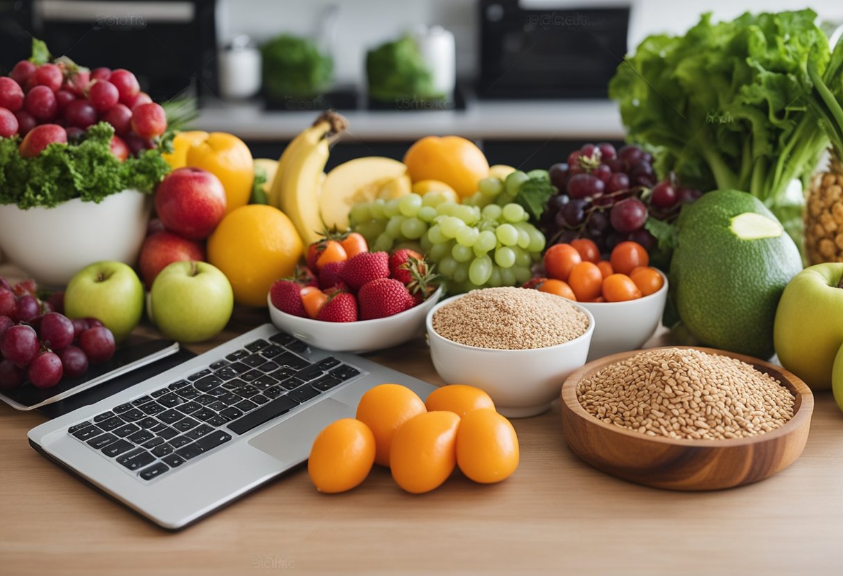 A colorful array of fruits, vegetables, lean proteins, and whole grains arranged on a clean, organized kitchen counter. A meal planning notebook and grocery list sit nearby