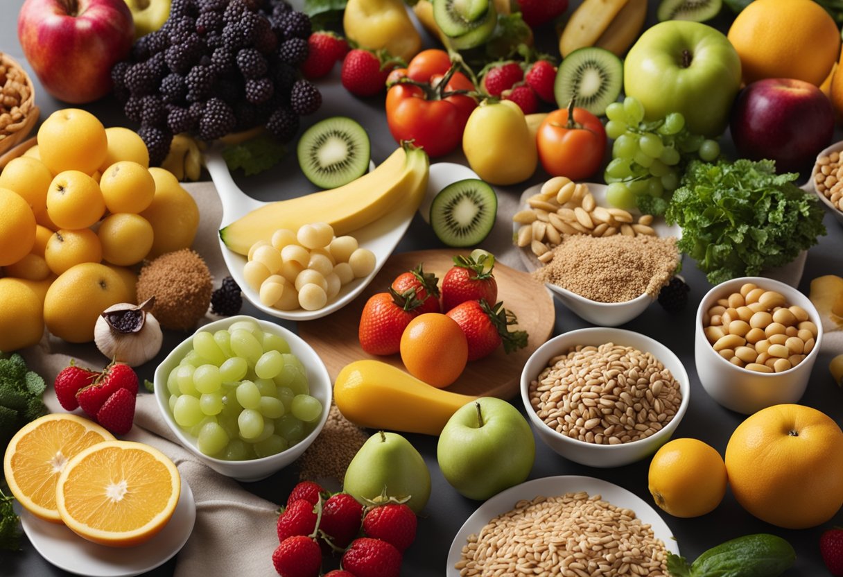 A colorful array of fruits, vegetables, lean proteins, and whole grains arranged on a clean, modern table setting. No added sugars or processed foods in sight