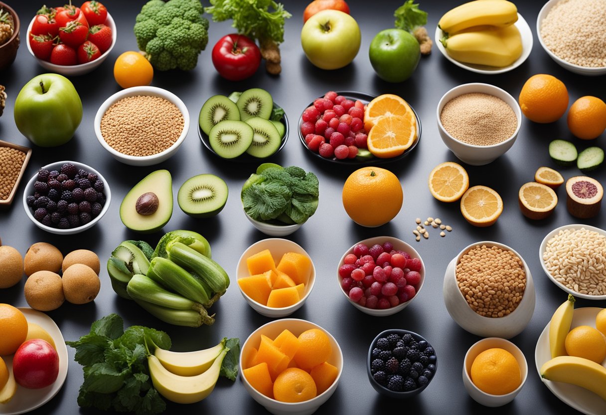 A colorful array of fruits, vegetables, whole grains, and lean proteins laid out on a table, with a clear emphasis on natural, unprocessed foods