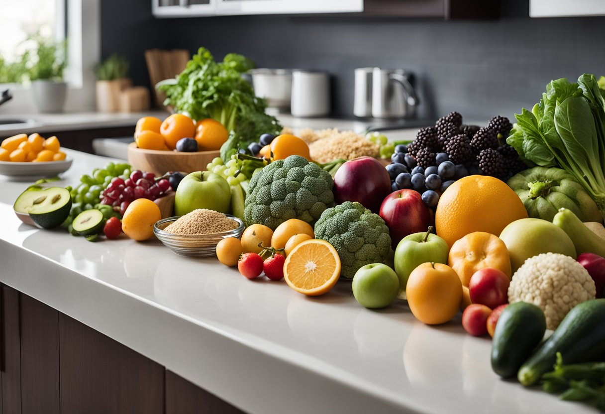 A colorful array of fresh fruits, vegetables, lean proteins, and whole grains arranged on a clean, modern kitchen countertop. A calendar with "7-Day No-Sugar, Anti-inflammatory Meal Plan for Weight Loss" prominently displayed