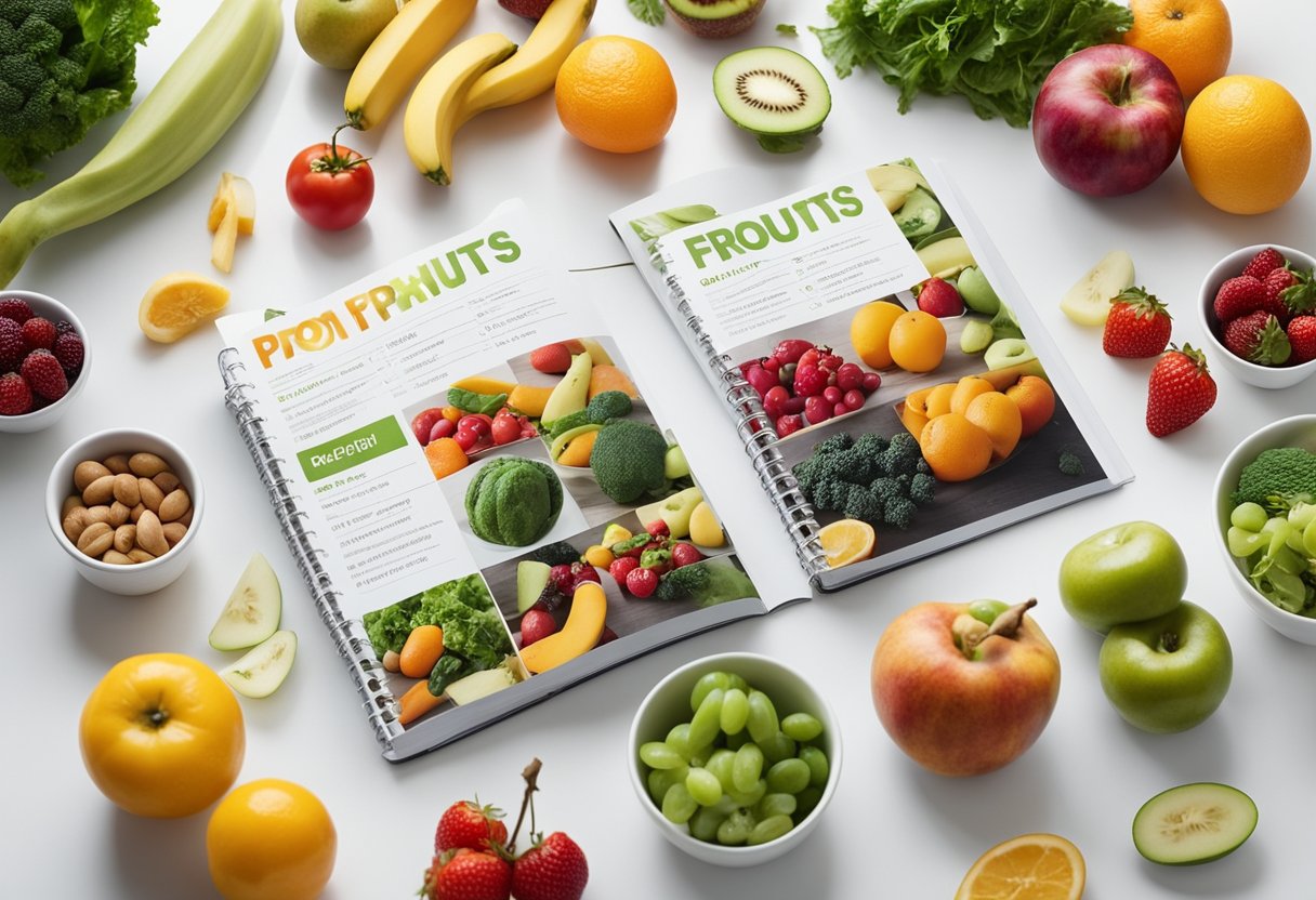 A colorful array of fresh fruits, vegetables, and lean proteins arranged on a clean, white table. A meal plan booklet sits open, showcasing recipes and nutritional information