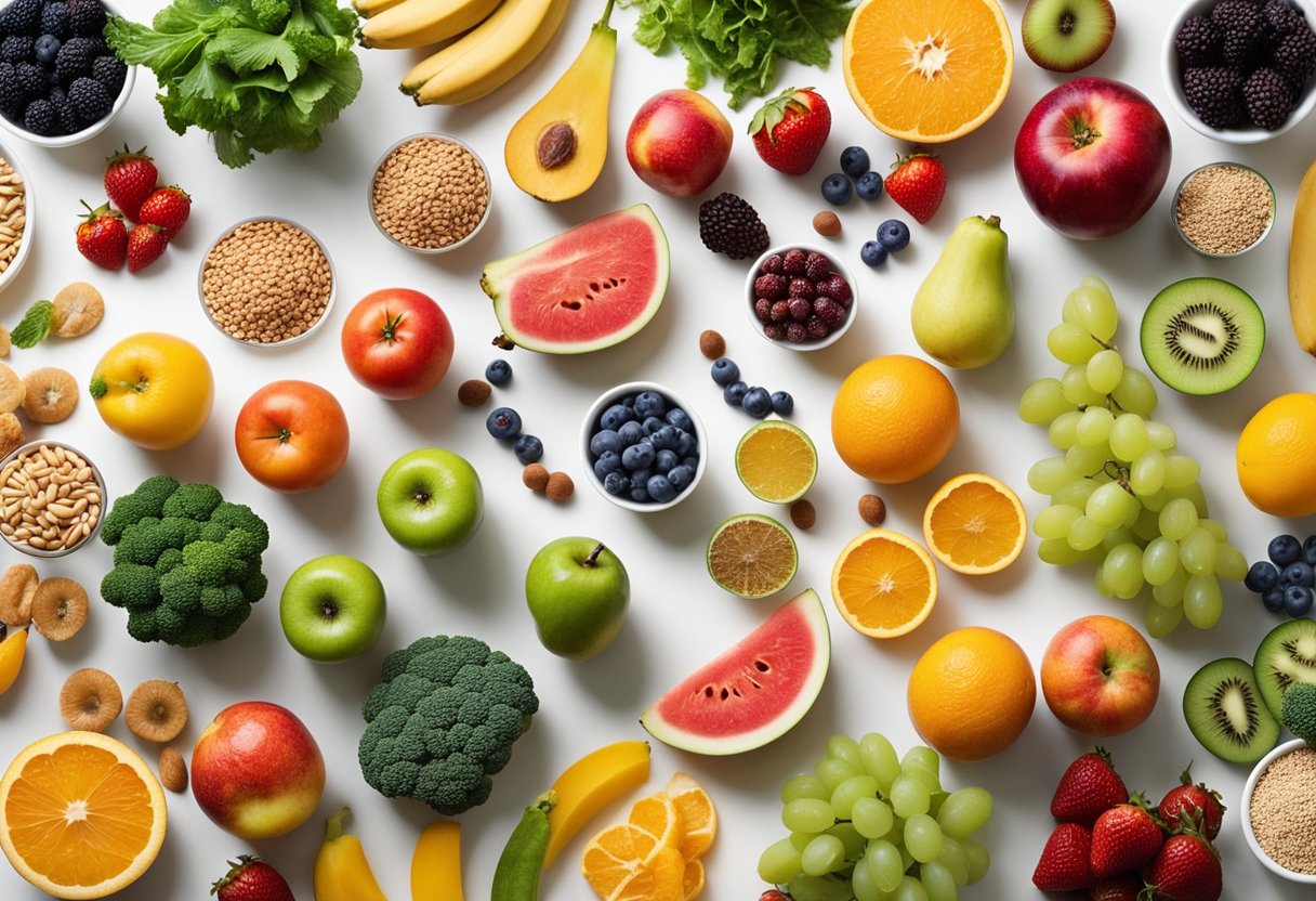 A colorful array of fresh fruits, vegetables, lean proteins, and whole grains arranged on a clean, white table. No sugary snacks or processed foods in sight