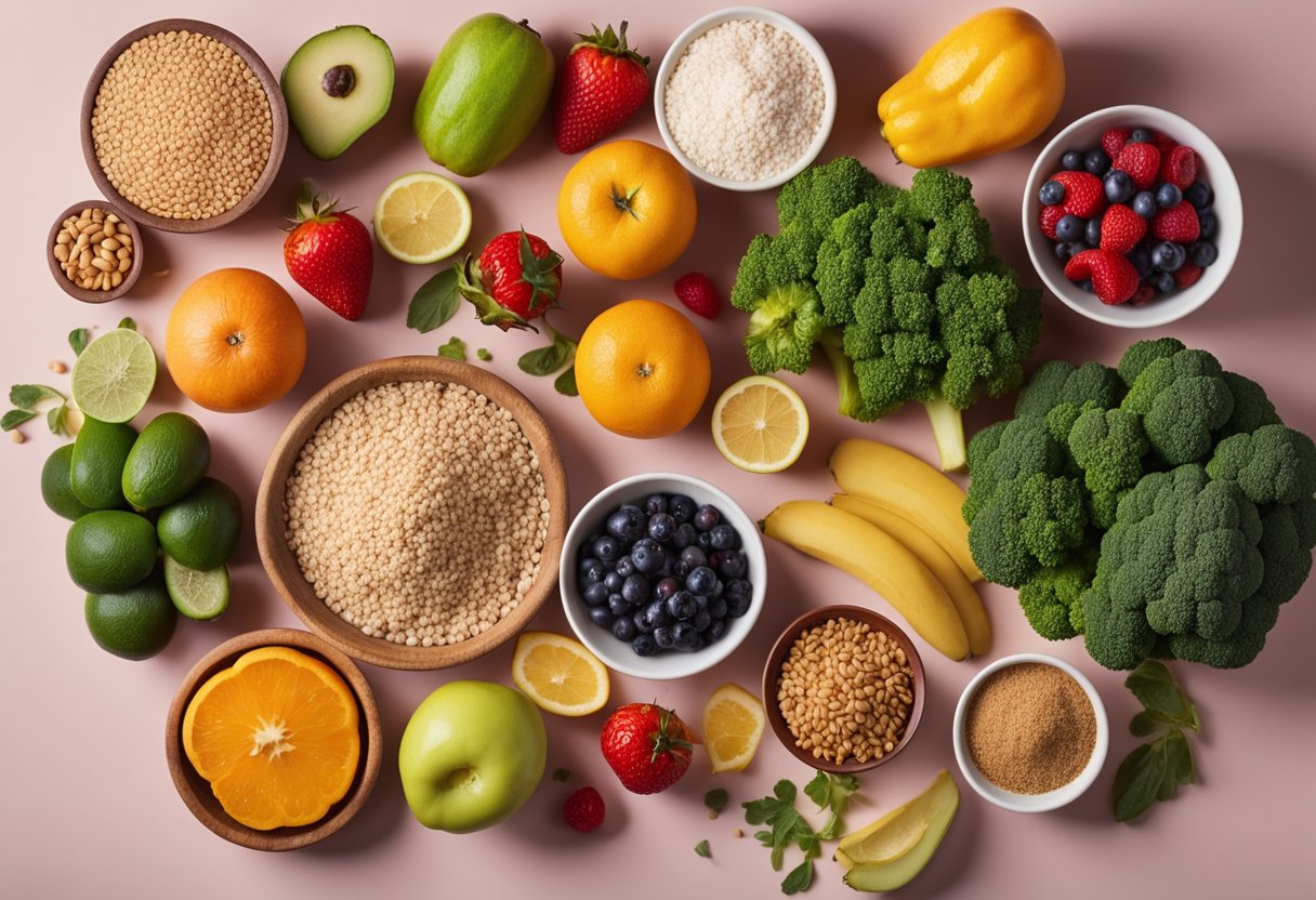 A colorful array of fresh fruits, vegetables, lean proteins, and whole grains arranged on a table, with a focus on low-sugar and anti-inflammatory ingredients