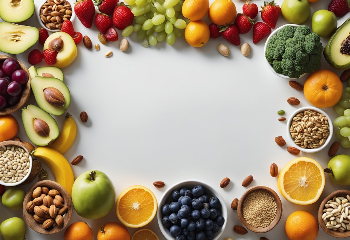 A colorful array of fruits, vegetables, nuts, and seeds arranged on a clean, white table. A variety of supplements and natural add-ons placed next to the ingredients