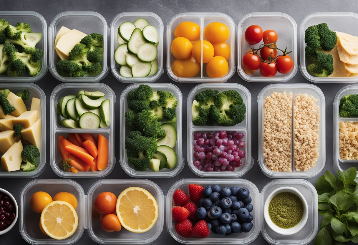 A table with 7 labeled meal containers, each filled with colorful, healthy, no-sugar, anti-inflammatory foods. A calendar with "7-Day Meal Plan Overview" is displayed next to it