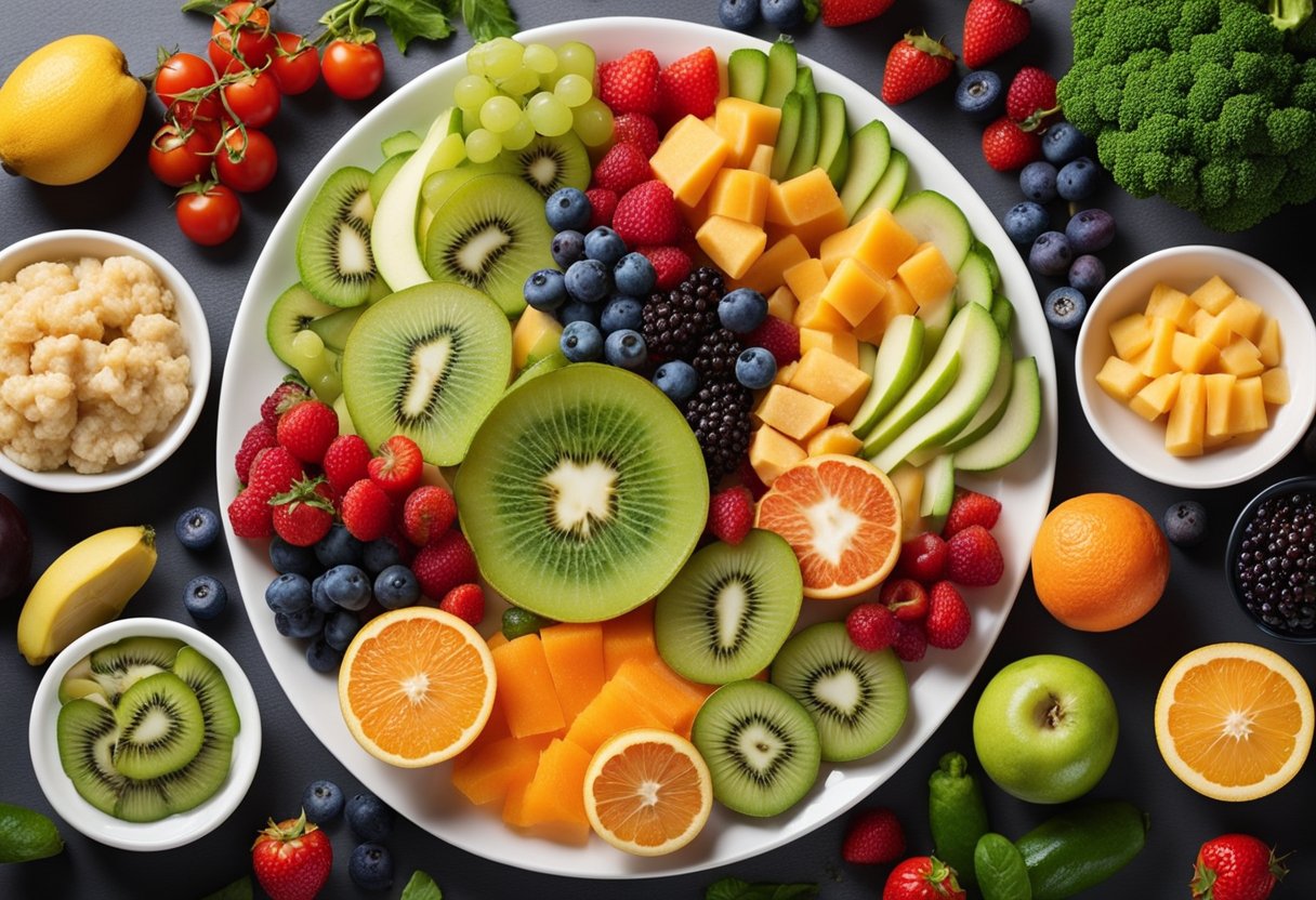 A colorful plate with a variety of fruits, vegetables, lean proteins, and healthy fats, arranged in a balanced and visually appealing manner