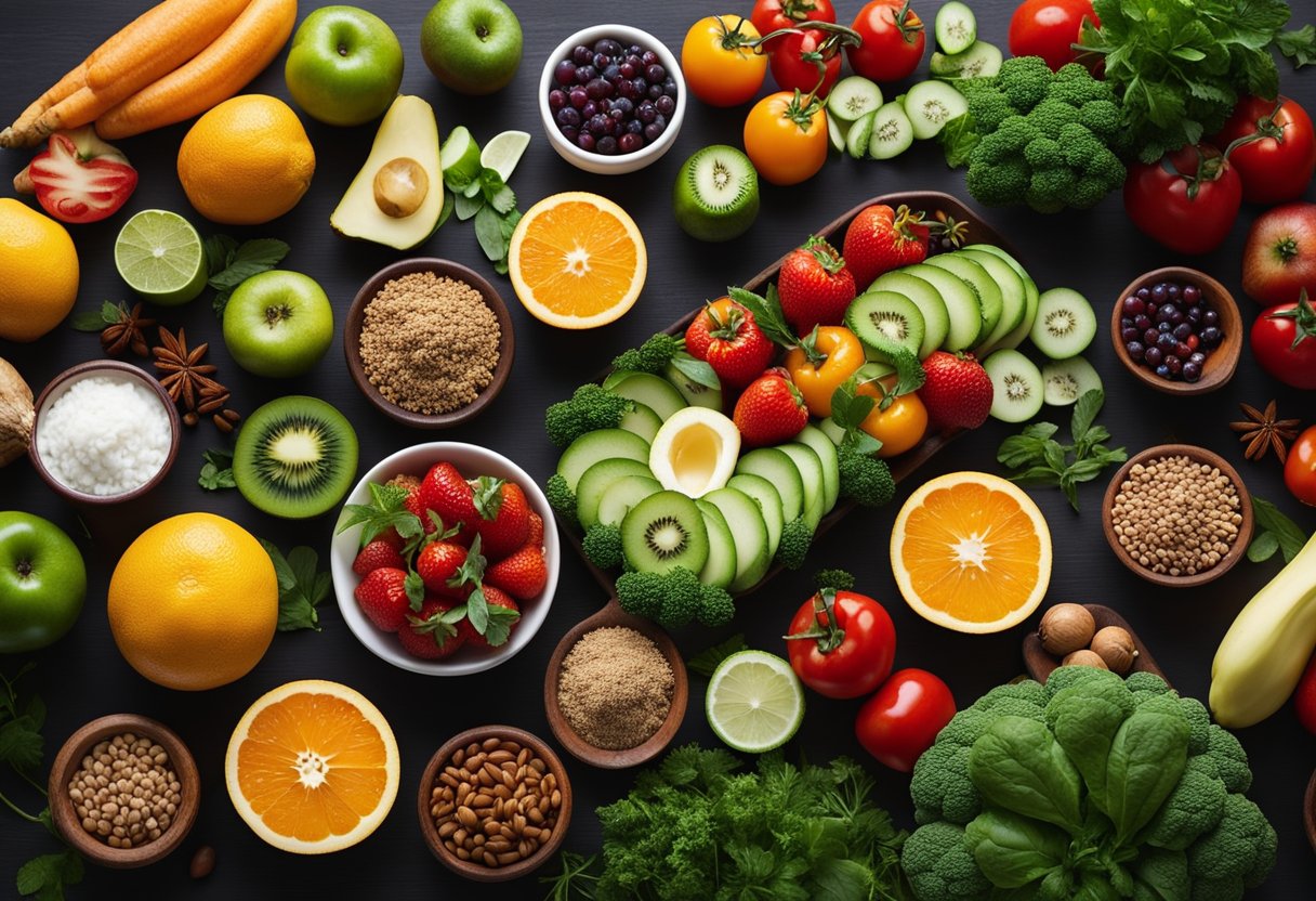 A colorful spread of fresh fruits, vegetables, and lean proteins arranged on a table, with a variety of herbs and spices, representing a healthy anti-inflammatory meal plan
