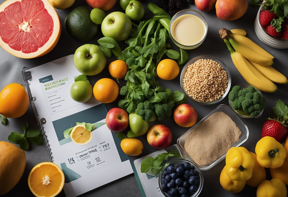 Fresh ingredients laid out on a clean kitchen counter, with a variety of colorful fruits, vegetables, and lean proteins. A meal plan booklet open to a page titled "Maintenance After the 7-Day Plan" sits nearby