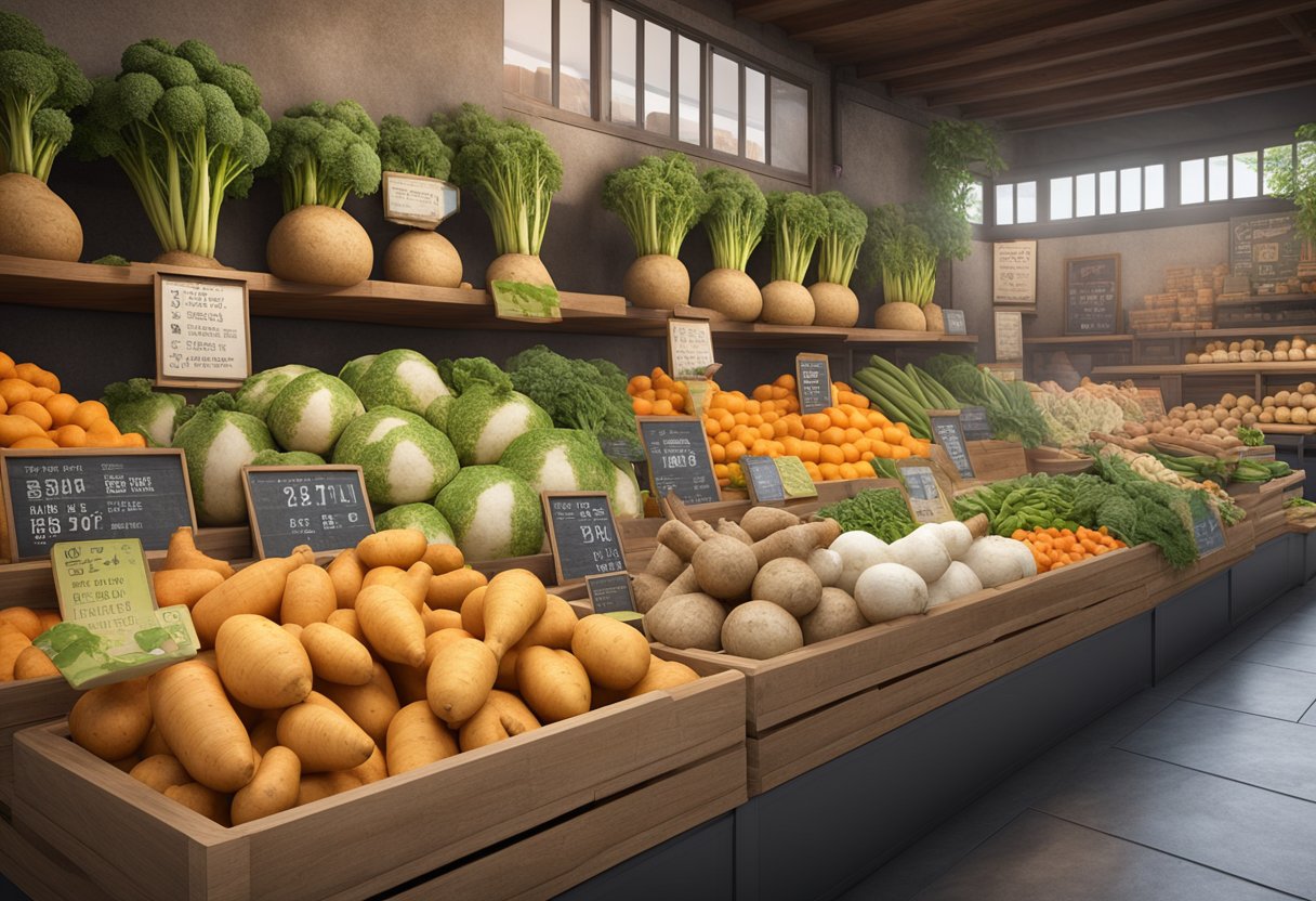 A colorful market display showcases jicama's cultural significance and nutritional benefits. Various shapes and sizes of the root vegetable are arranged attractively, with informative signage highlighting its importance in local cuisine
