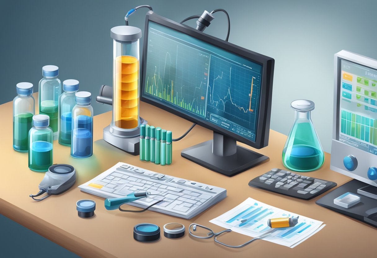 A laboratory table with vials of chromium and vanadium, a microscope, and a computer screen displaying diabetes research data