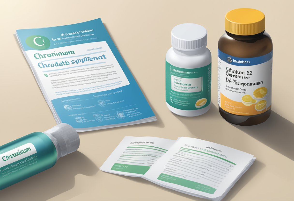 A bottle of chromium and vanadium supplements next to a diabetes information pamphlet on a clean, well-lit countertop