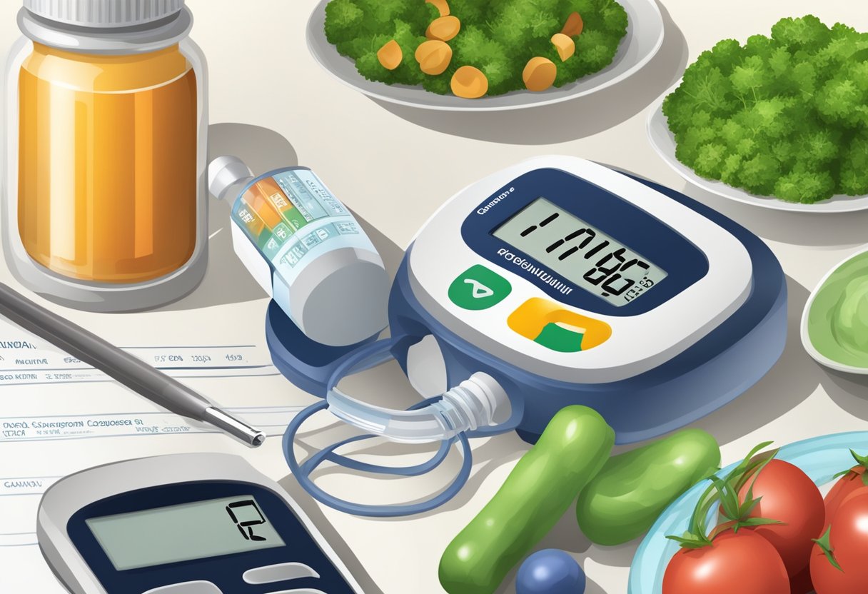 A bottle of chromium and vanadium supplements next to a blood glucose monitor and a healthy meal on a table