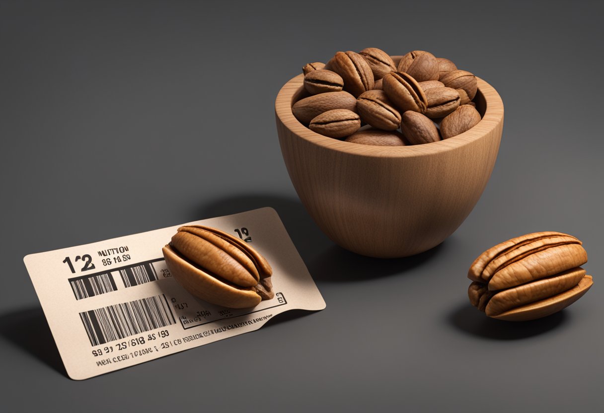 A pecan and a walnut sit side by side, each with a nutrition label floating above them. The pecan appears to have a slightly different composition than the walnut