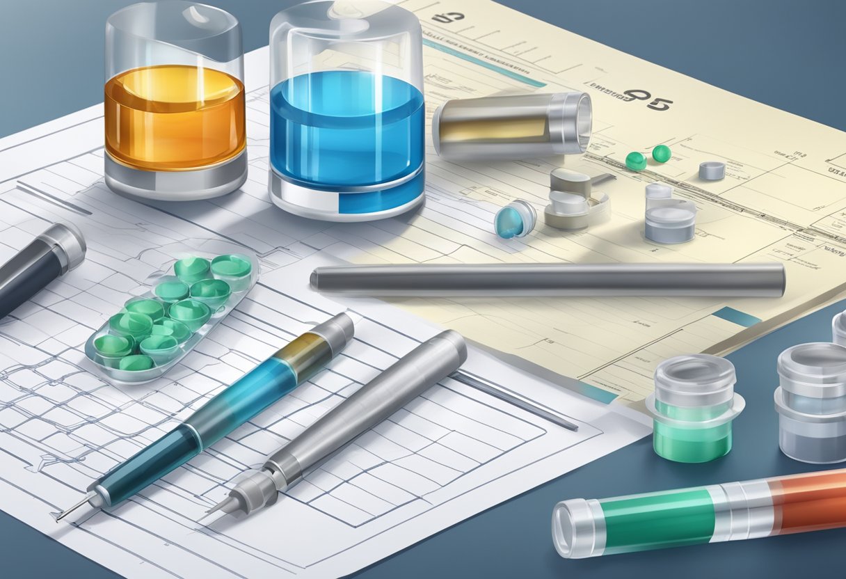 A laboratory setting with vials of chromium and vanadium, alongside regulatory documents and public health guidelines for diabetes management
