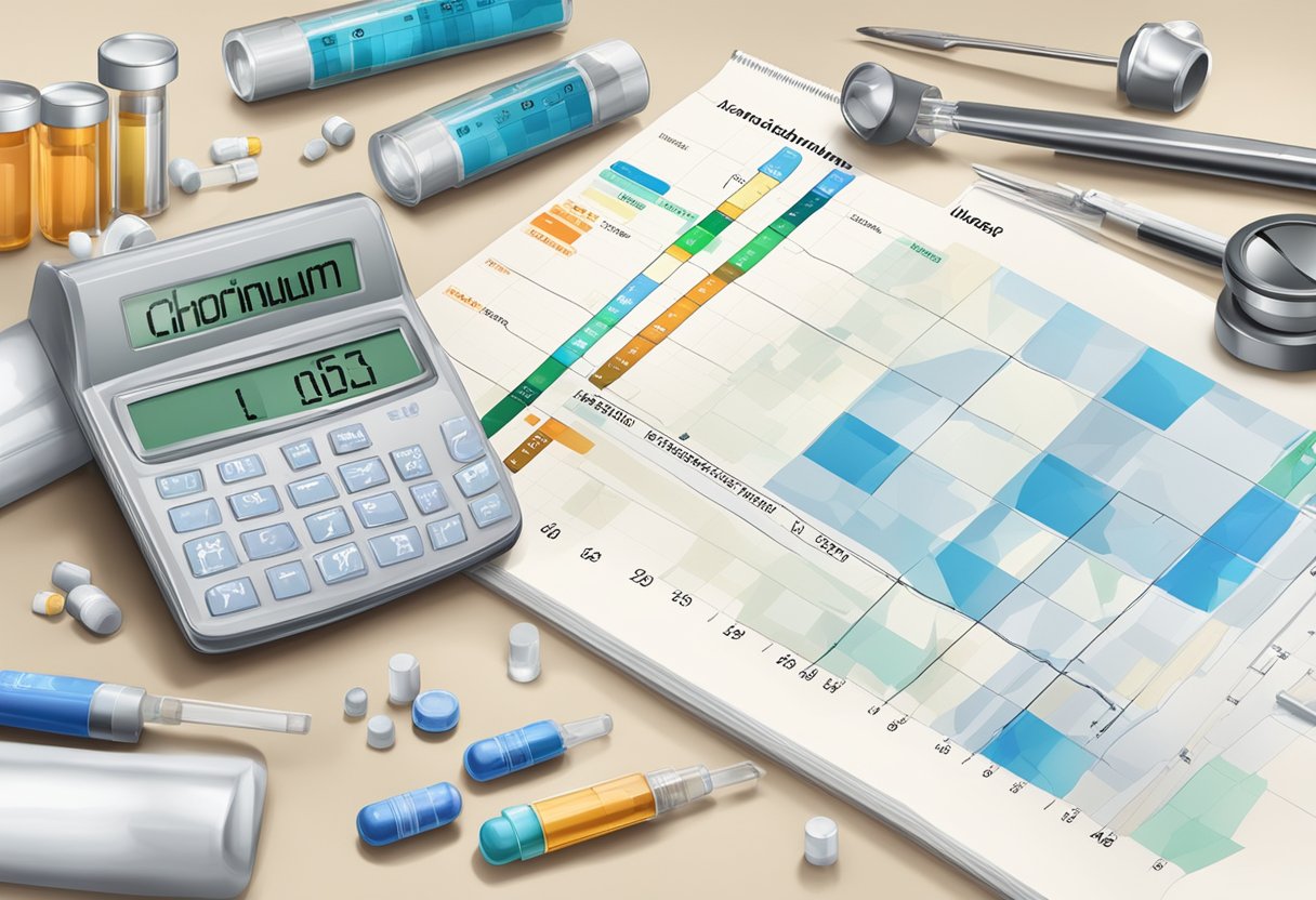 A laboratory table with vials labeled "Chromium" and "Vanadium" next to a diabetes management chart and insulin syringes