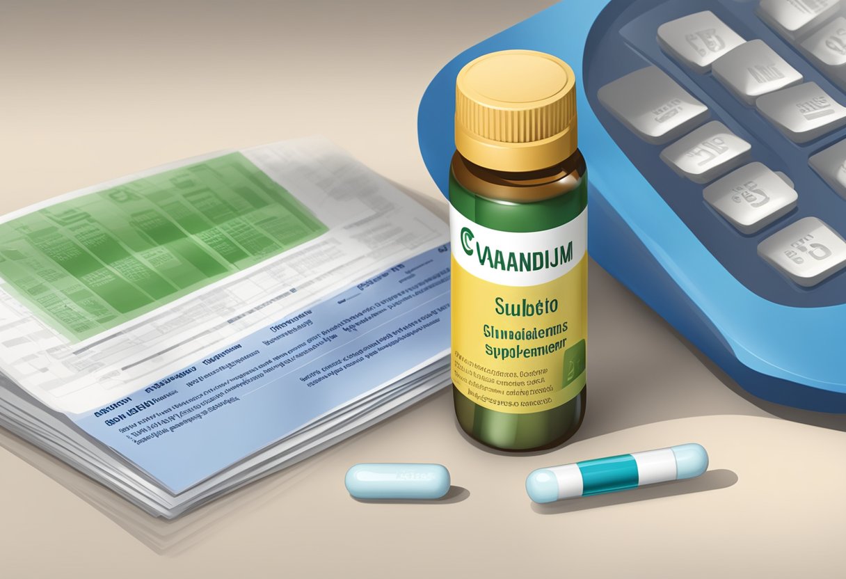 A bottle of chromium and vanadium supplements next to a diabetes information pamphlet